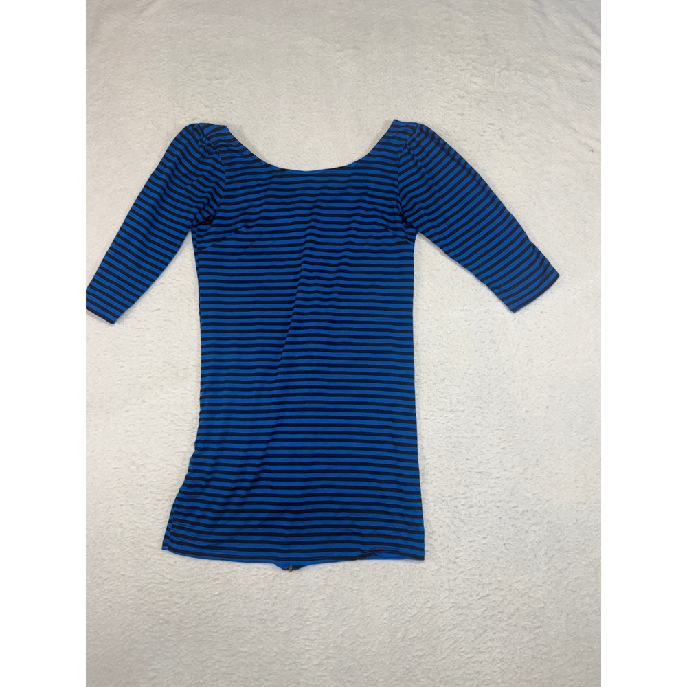 Everly Blue Black Striped Back Zip Tunic Top 3/4 Sleeve Scoop Neck Slim Fit